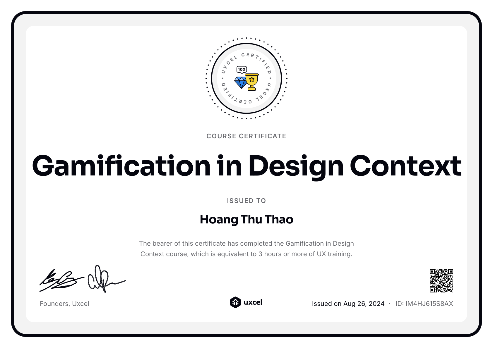 Hoang Thu Thao's certificate